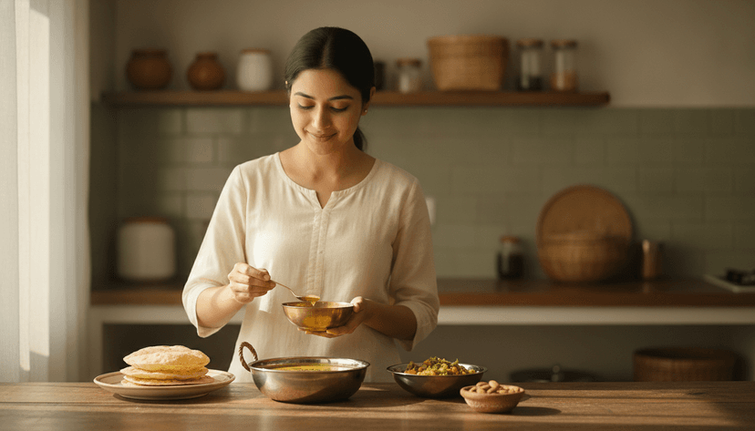 Indian woman adding a small spoon of ghee to dal at home, with roti, sabzi and almonds on the counter