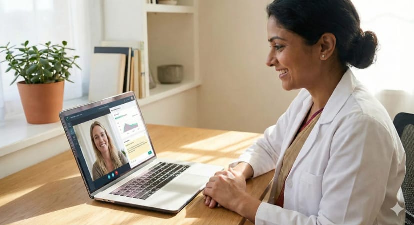 Professional Ayurvedic practitioner conducting video consultation with client, showing warm and welcoming consultation environment