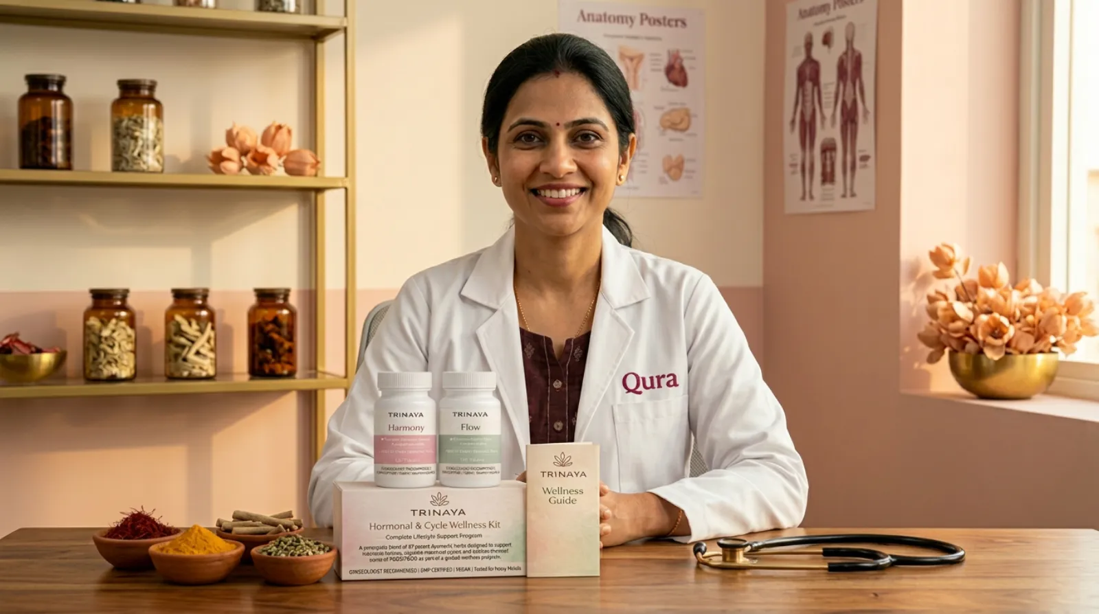 Indian woman in a serene wellness setting, representing Ayurvedic health and PCOS recovery for Indian women