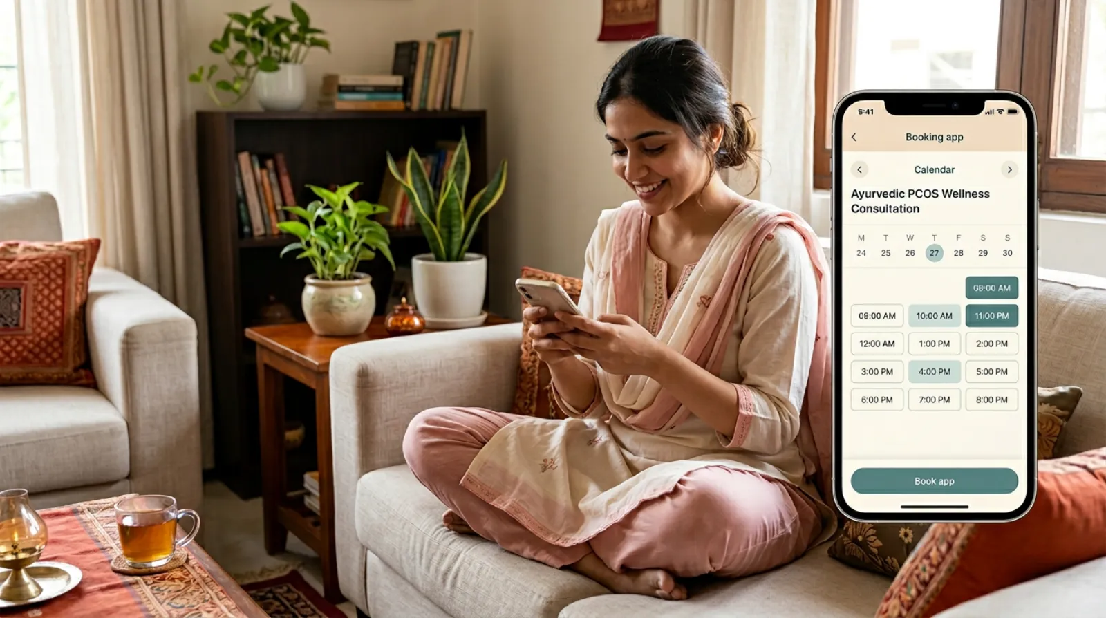 Indian woman in salwar kameez sitting at home booking a free PCOS consultation on her phone