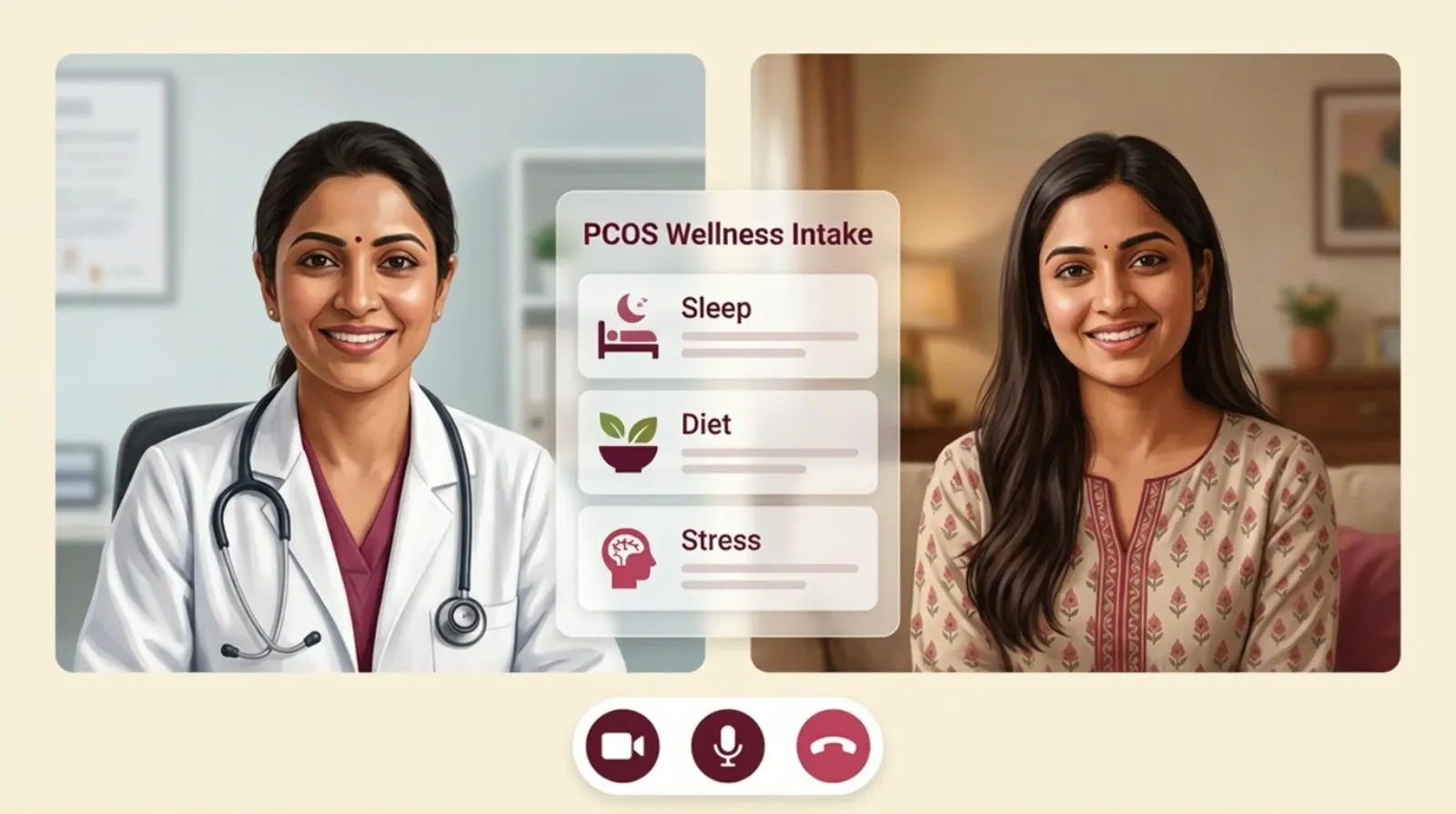 Indian BAMS doctor consulting with Indian woman patient over video call with PCOS wellness intake form visible