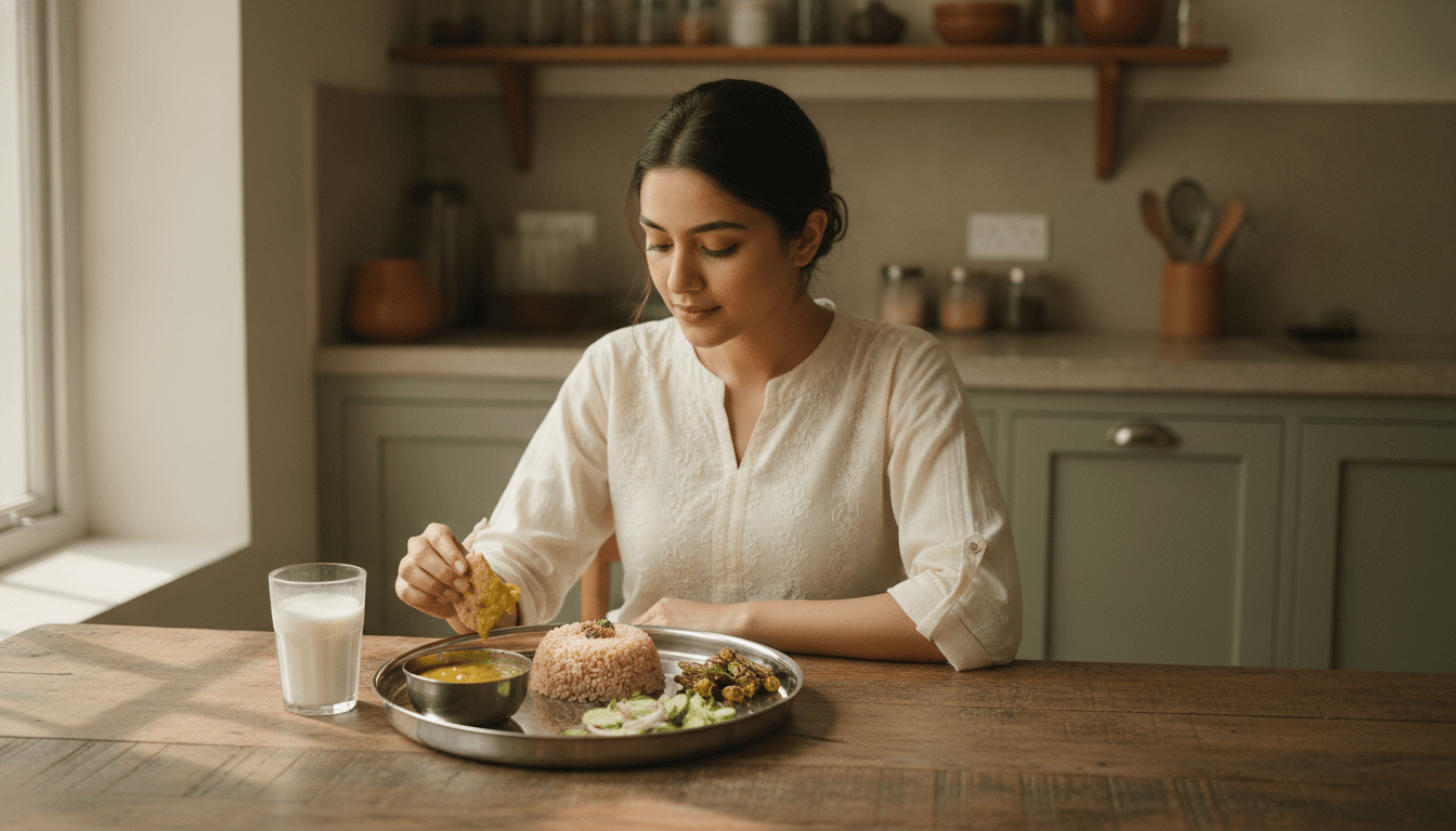 Indian woman eating a balanced lunch thali with a small bowl of rice, dal, sabzi and salad