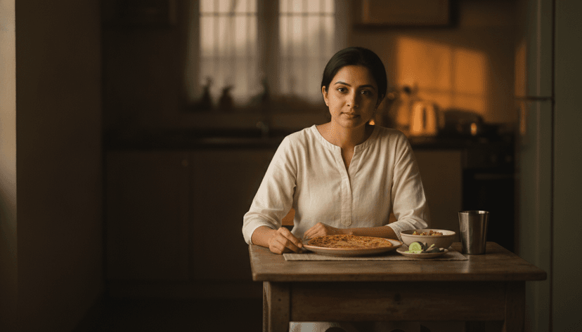 Woman eating a light early Indian dinner of moong dal chilla, lauki sabzi and salad at home