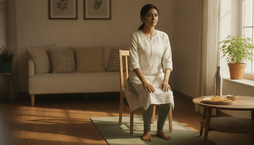 भारतीय महिला सुबह की धूप में घर के कमरे में योगा मैट पर कुर्सी के सहारे हल्की कसरत कर रही है
