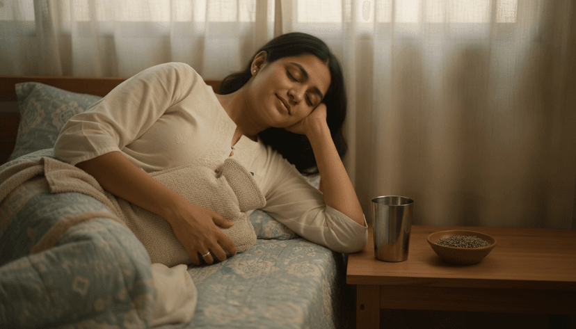भारतीय महिला बिस्तर पर लेटकर पेट पर तौलिए में लपेटी गर्म पानी की बोतल रखे आराम कर रही है