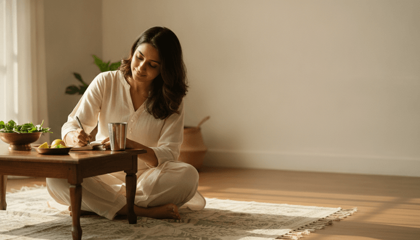 Indian woman at home noting her period dates in a notebook beside a glass of warm water, spinach and lemon.