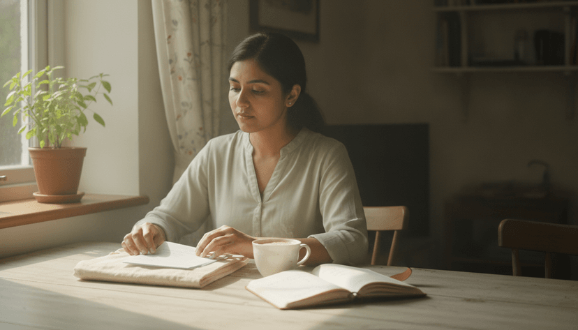 Indian woman organising her health reports in a folder at her dining table