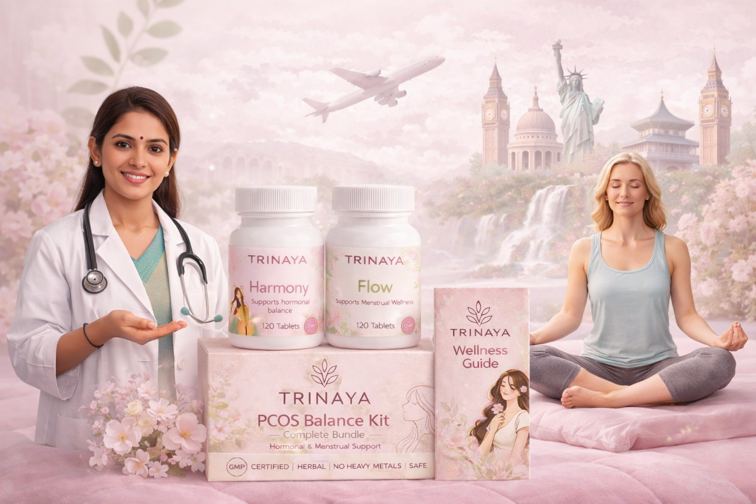 TRINAYA Hormonal & Cycle Wellness Kit with Harmony and Flow supplements, wellness guide, and holistic wellness elements